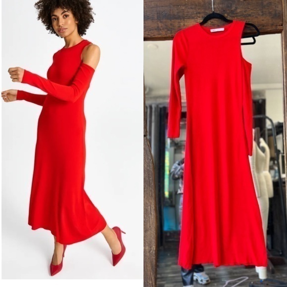 zara one shoulder red dress One-Shoulder Midi NWT this Sehima dress has a draped neckline that looks as though its falling elegantly off your shoulder Red Zara one shoulder ruffle
